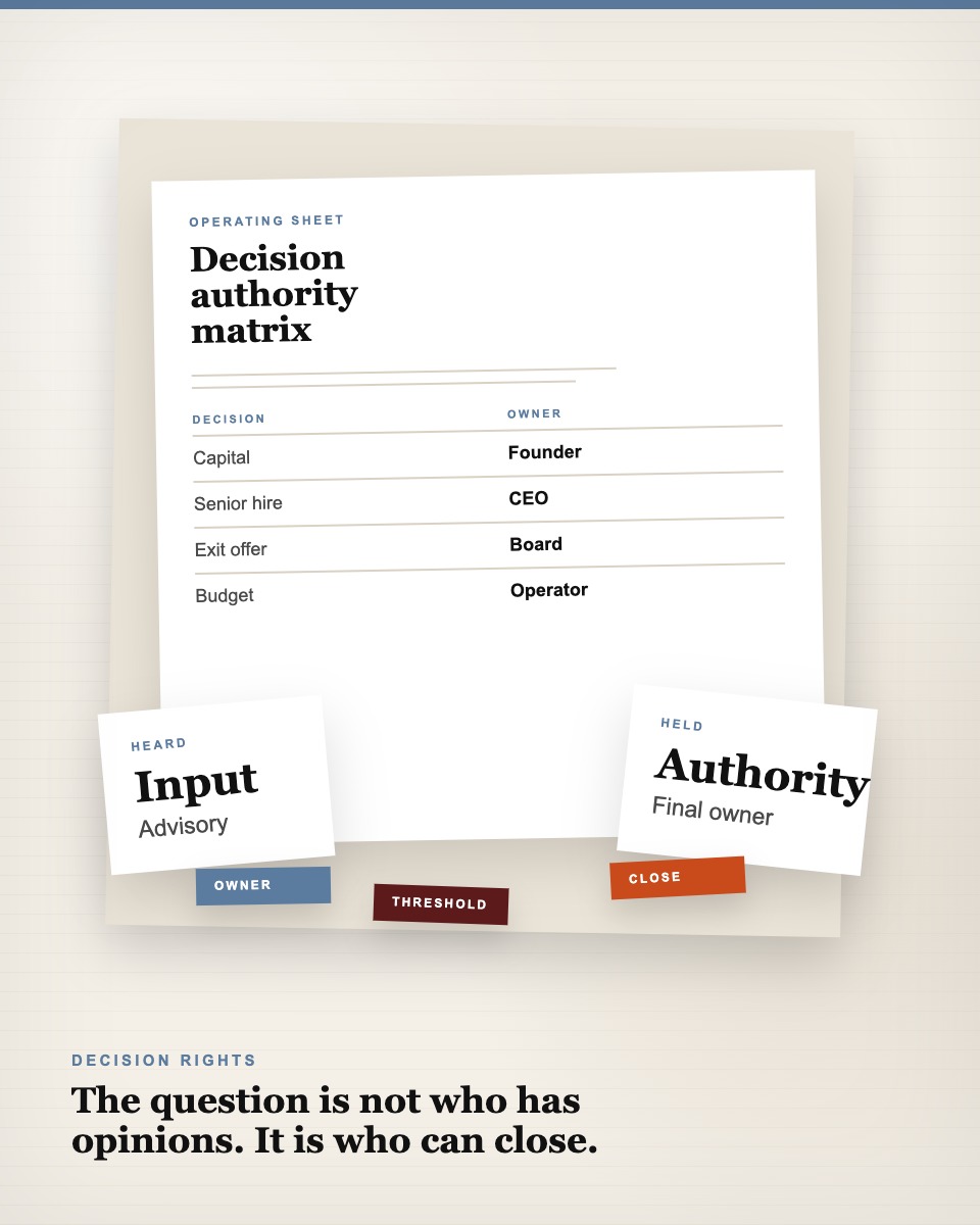 Governance table visual showing a decision authority matrix with owner, threshold, and close tabs.