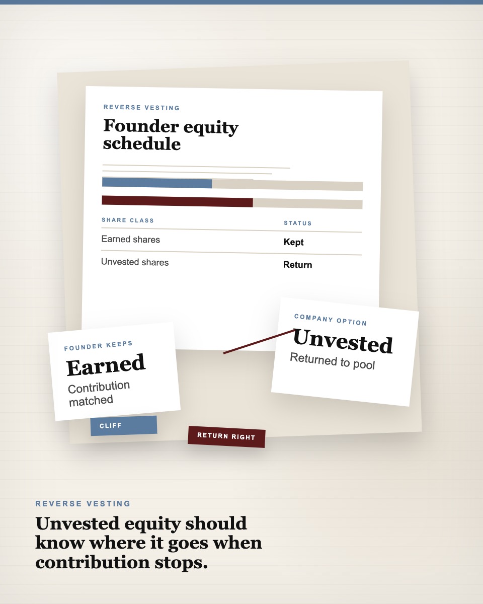 Governance table visual showing a founder equity schedule with earned and unvested share cards.